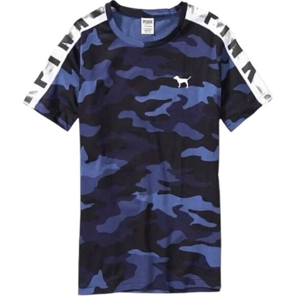 Victoria’s Secret PINK Blue Camo Campus Tee with Foil Tape Logo Stripe Sleeves - Picture 2 of 8